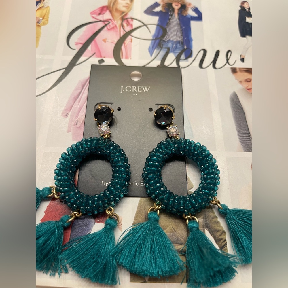J. Crew Teal Green Beaded Hoop Earrings with Tassels